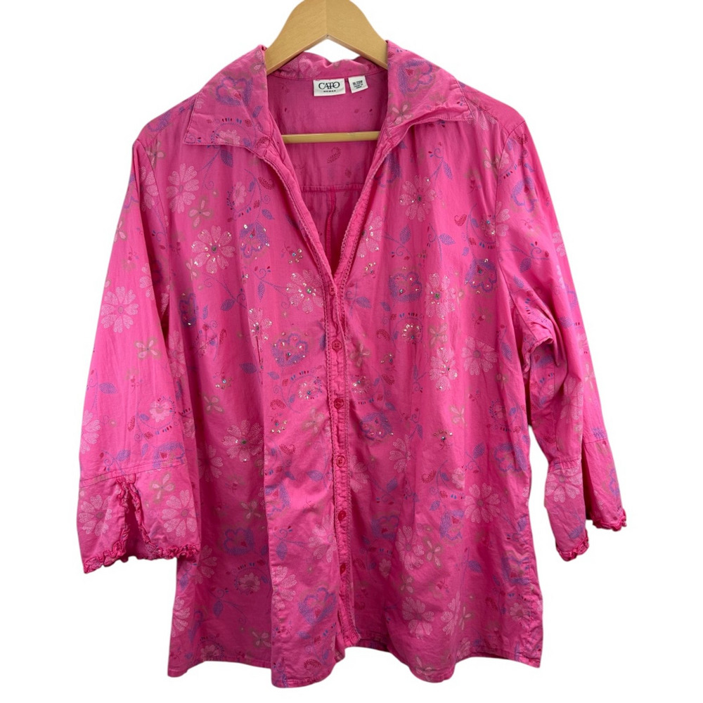 CATO Pink Floral Rhinestone Boho Collared Cotton Button Tunic 18/20W Beachy